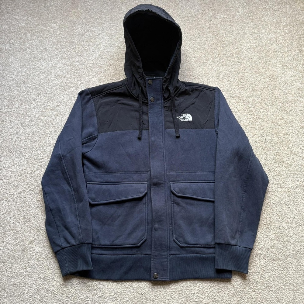 The North Face Jacket Mens Medium Navy Black Hooded Zip Snap Fleece Pockets